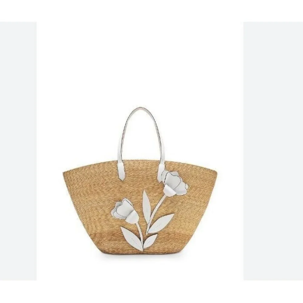 OSCAR DE LA RENTA tulip raffia large tote + Dust bag --NATURAL/WHITE - Picture 1 of 13